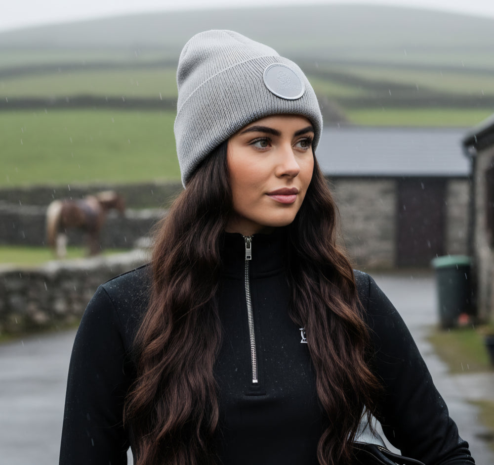 lady wearing a warm winter hat at the yard