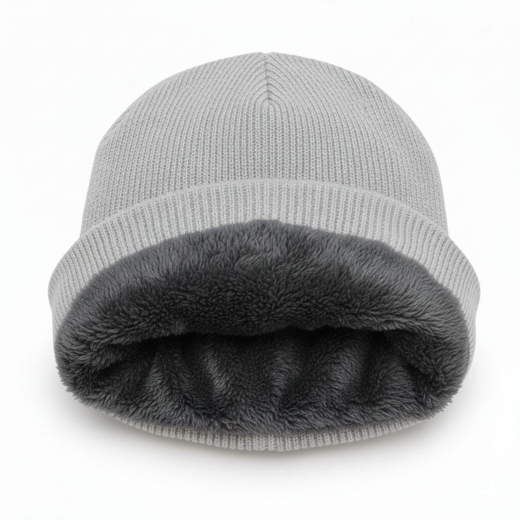 a grey fleece lined winter beanie hat white background