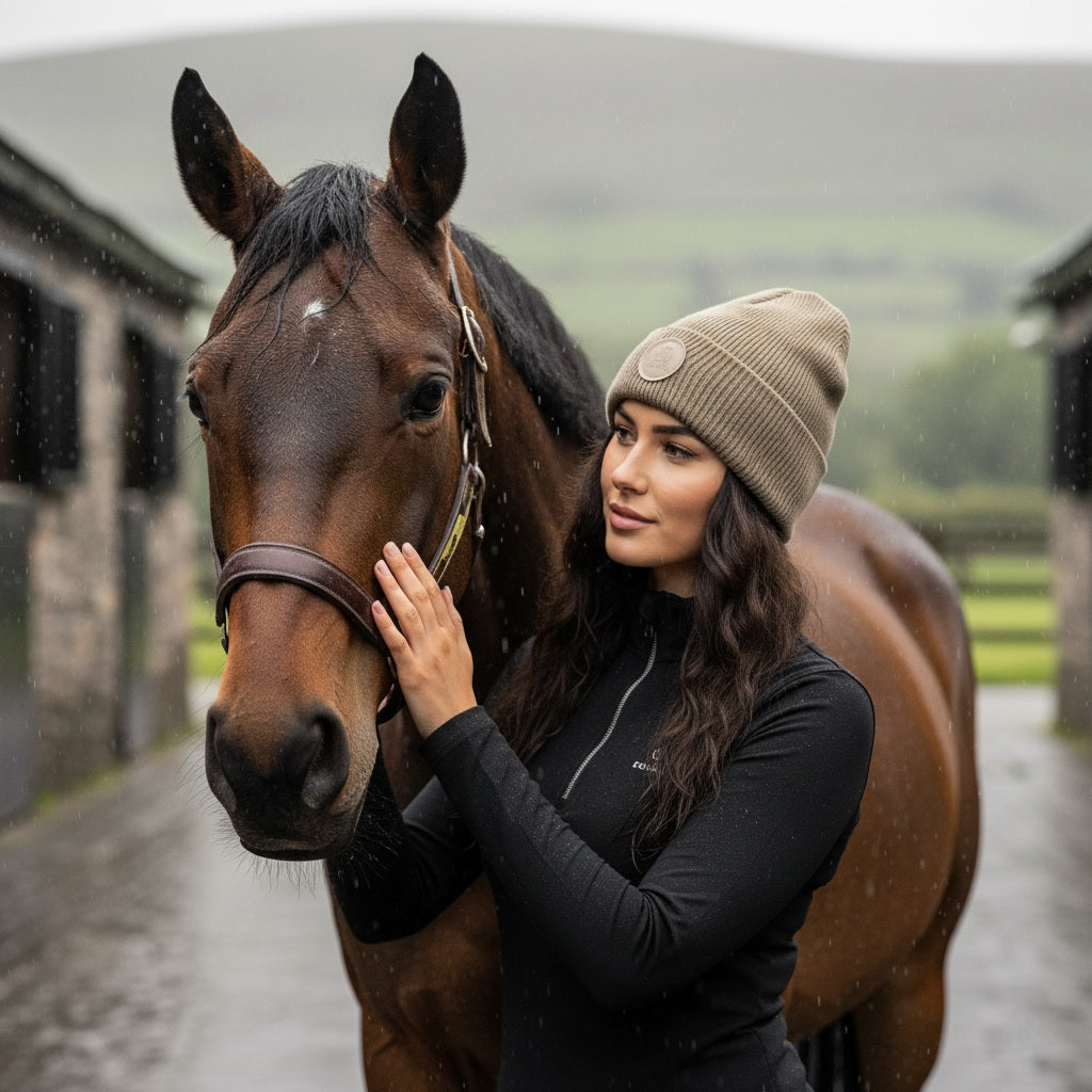 Woman petting a horse in a stable area