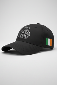 Black cap with a logo and Irish flag on a light gray background