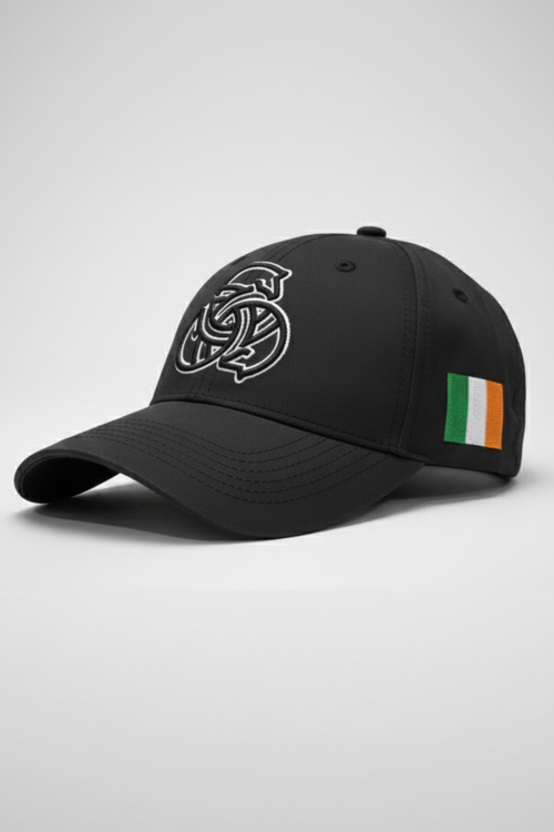 Black cap with a logo and Irish flag on a light gray background
